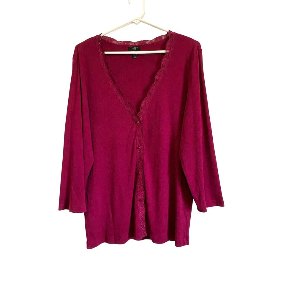 Talbots Burgundy Lace Trim Cardigan 100% Cotton 3/4 Sleeves XL Dark Romantic - Picture 1 of 5